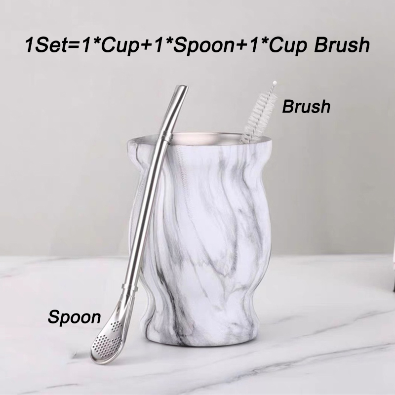 1 Set Yerba Mate Cup 304 Roestvrij Staal Dubbelwandige 8 Oz Yerba Mate Kalebas Cup Met Stro Lepel En Reinigingsborstel theewaar Sets