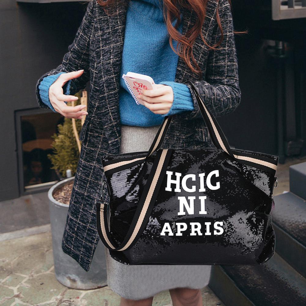 Travel Messenger Bag Women Girl Sequin Shoulder Shopping Crossbody Large Capacity Handbag Letters Printing Top-Handle Bags