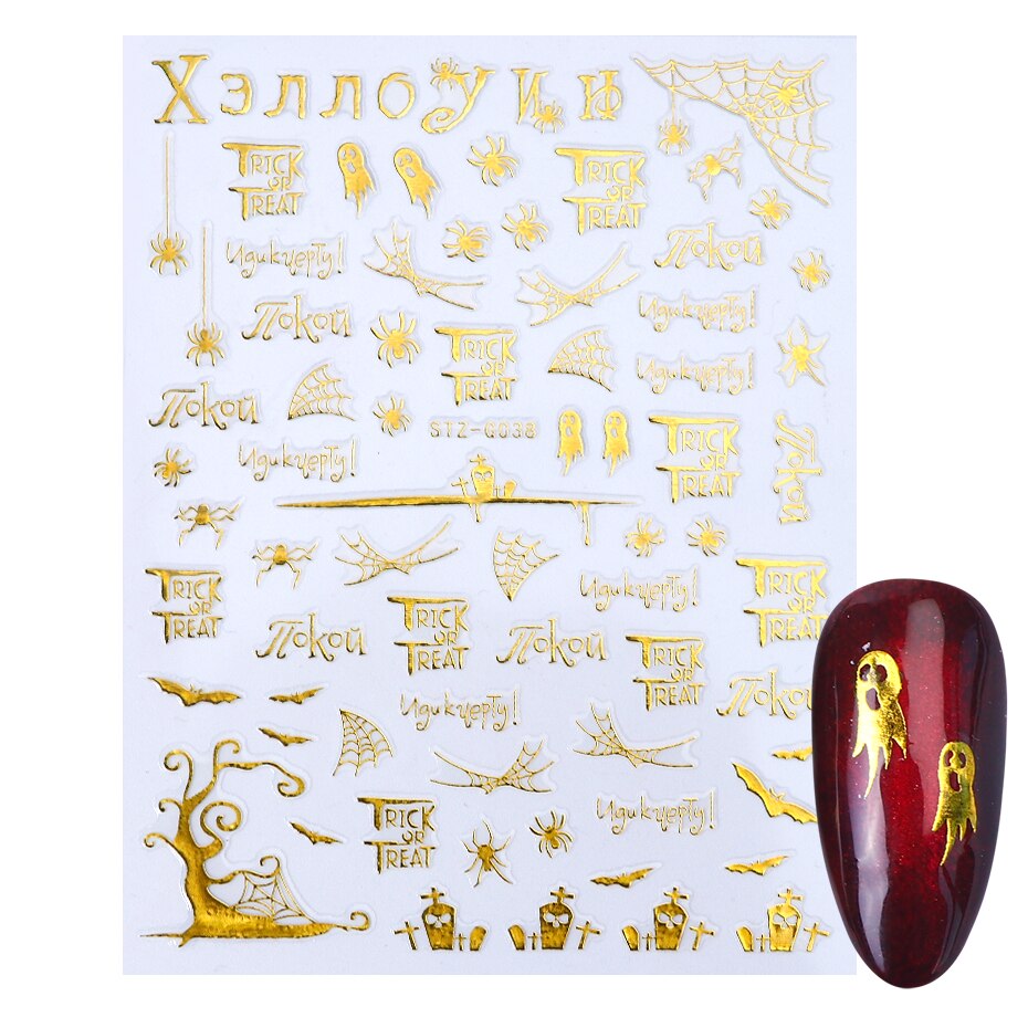 Halloween negler svarte klistremerker nail art dekaler edderkopp spøkelse gresskar kult skummelt skyveomslag negledekor manikyr chstzg 032-040: Stzg 038 gull