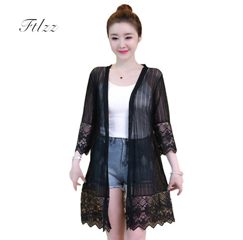 Zomer Casual Medium Lange Jas Vrouwen 3/4 Mouwen Plus Size 4xl Zwart Wit Dunne Jas Laides Patchwork Kant bovenkleding