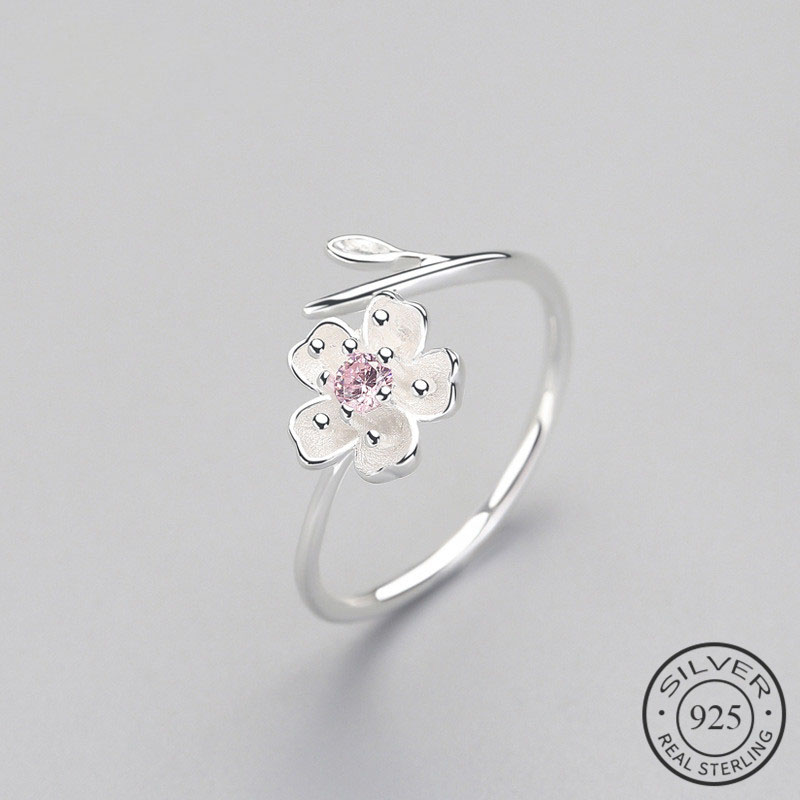 Real 925 Sterling Silver Zircon Enamel Plum Flower Adjustable Ring Fine Jewelry For Women Romantic Party Bijoux