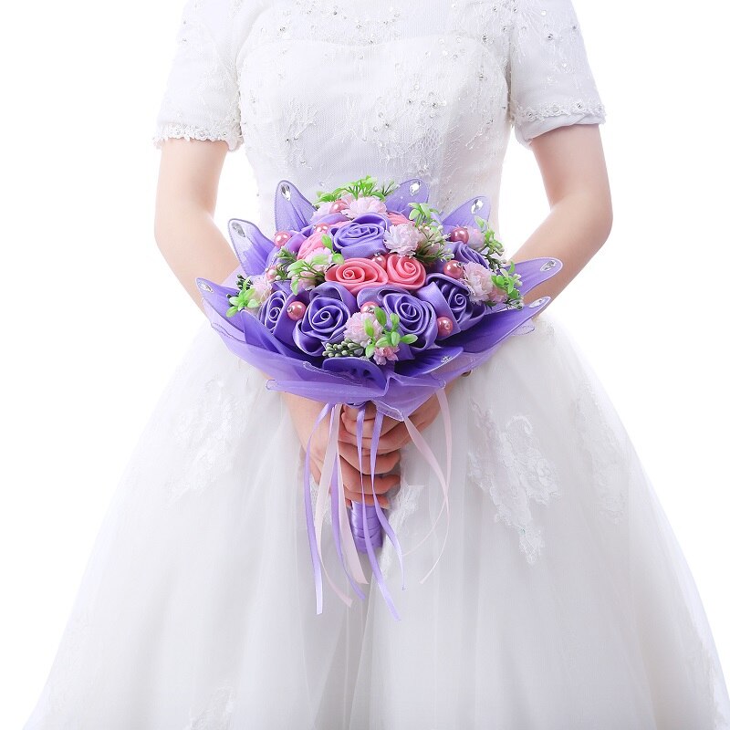 Roze Paars Boeket Mariage Rouge Wedding Boeket Matrimonio Zijde Kunstmatige Rozen Bruid Bruidsboeket Met Parels