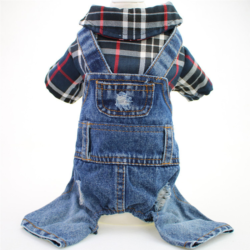 Dog Jumpsuit Plaid Blue Black Denim Jacket Cat Coat Jeans Overalls Pet Clothes for Small Dogs Shih Tzu Jumpsuits Clothing: L / WHITE
