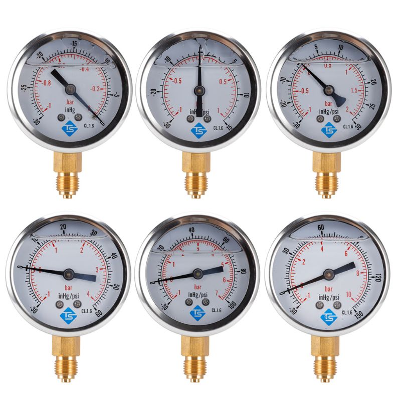 Compound Pressure Vacuum Gauge Glycerine Filled -1/10Bar & -30*Hg 1/4 BSP Bottom 19QB