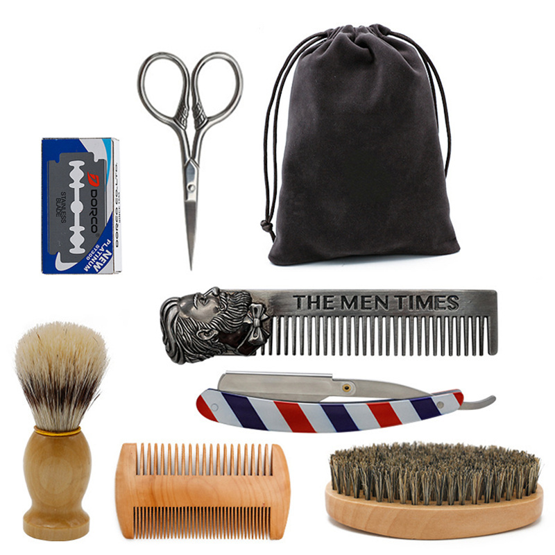 Beard Grooming Kit 5pcs Trimming Shaving brush Comb Beard Set Mustache Scissors Straight Razor Shaping Shave Brush Tools: HT001H