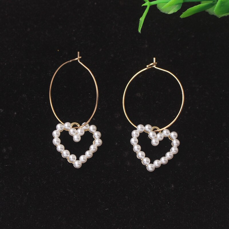 Pearl Heart Pendants Dangle Earrings Korean Women Earrings aretes de mujer modernos Gold Color hollow metal earrings: ES4212