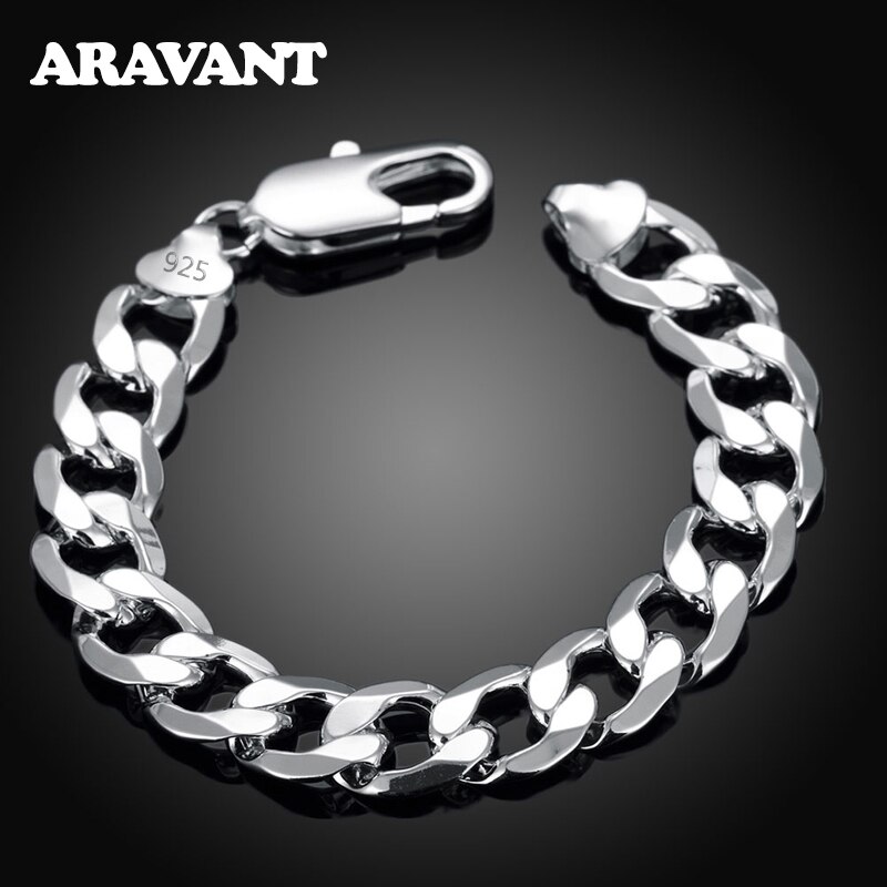 925 Zilveren 8Mm 10Mm 12Mm Platte Zijwaarts Armbanden Kettingen Voor Mannen Mode-sieraden