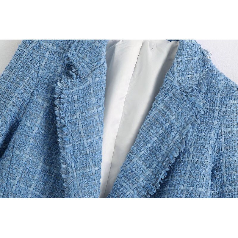 Stijlvolle chique blauwe sieraden dubbelrijs tweedjas dames omslagkraag jas vrouwelijke chique bovenkleding