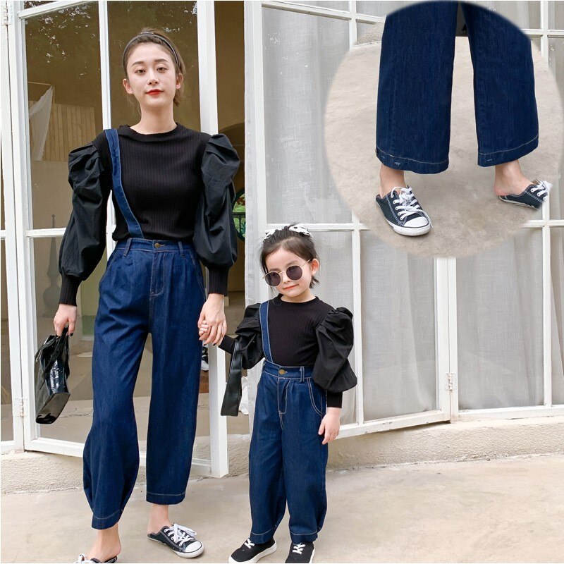 Ouder-kindkleding, moeder en kind herfst slabbetje, afneembare een-schouder slabbetje jeans: 140 cm