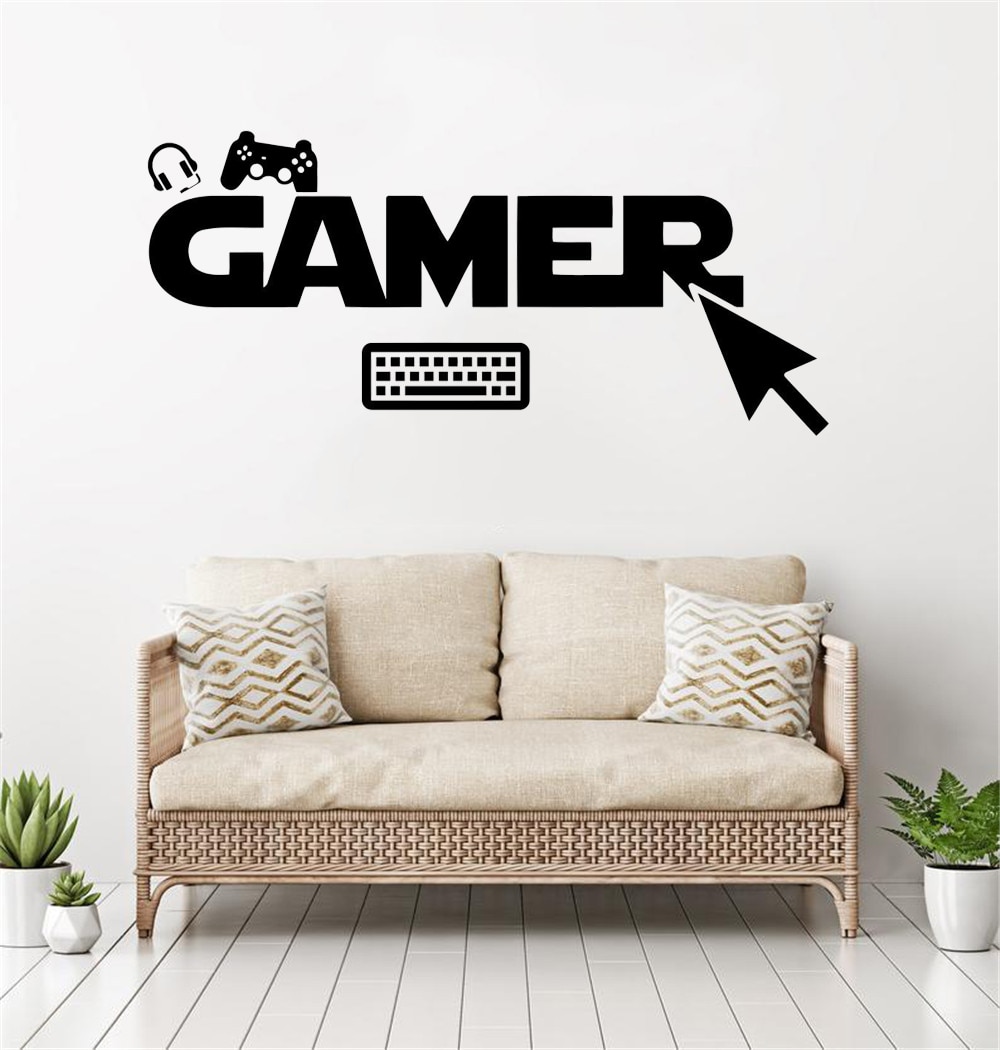 Gamer Wall Decal Keyboard PC Gaming Vinyl Sticker Joystick Wall Art Teen Room Gaming Room Wall Decor