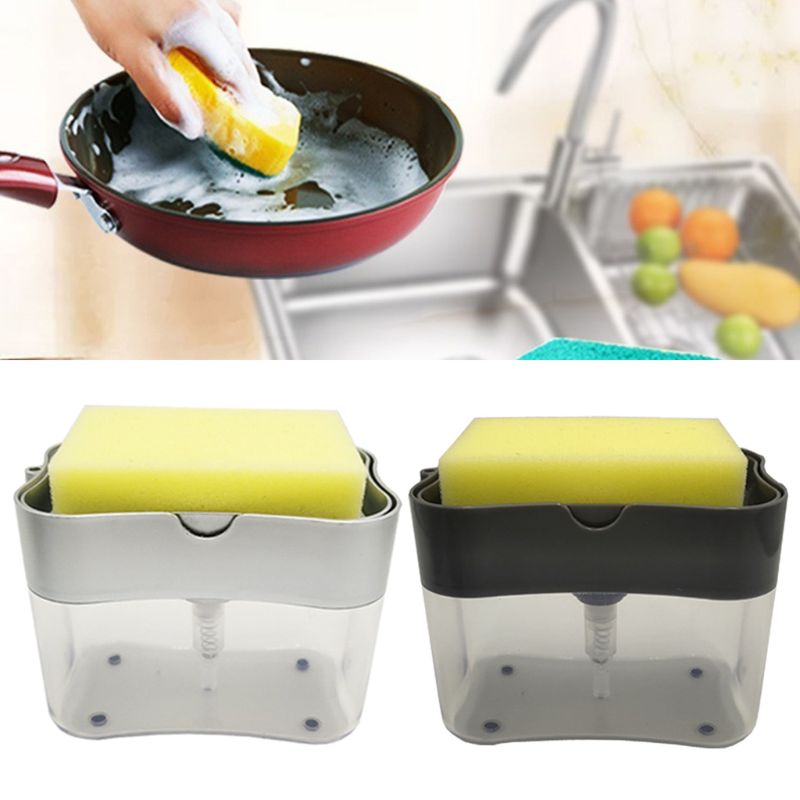 Liquid Soap Pump Dispenser with Sponge Holder Cleaning Container Manual Press Soap Organizer Kitchen Cleaner Tool Home