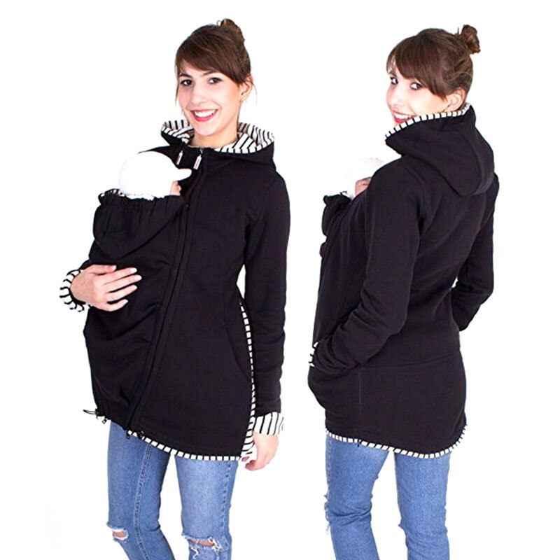 Zwangere Vrouwen Kleding Moederschap Tops Draagzak Kleding Kangoeroe Hoodies Voor Vrouwen Lange Mouwen Tops Moederschap Winter Kleding: Black / XL