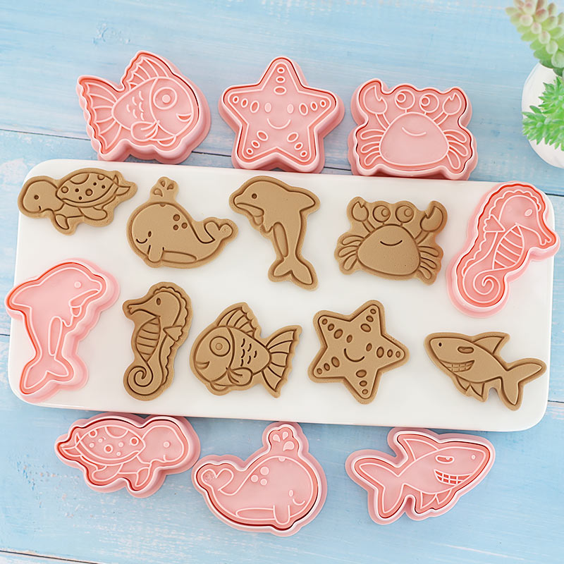 8 Stks/set Mariene Leven Cookie Cutters Plastic 3D Cartoon Pressable Biscuit Mold Cookie Stamp Keuken Bakken Gebak Bakvormen Tool