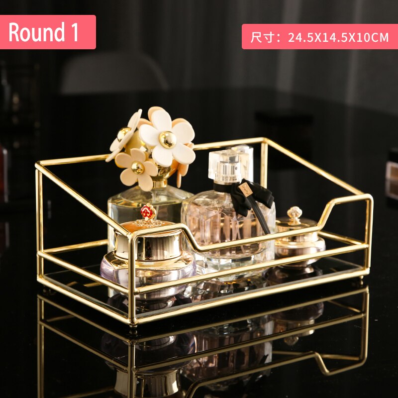Popxstar Golden Mirror Tray Cosmetic Container Jewelry Organizer Case Bathroom Storage Lipstick Necklace Desktop Makeup Storage Tray Orga