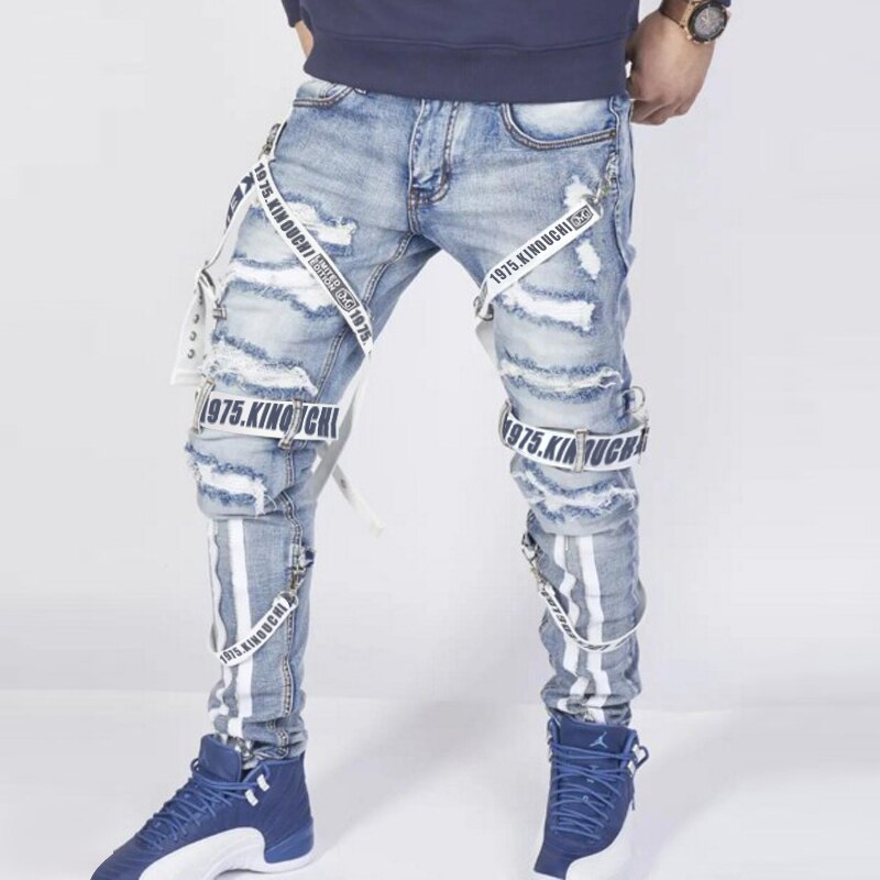 Men&#39;s jeans summer loose trousers trendy street men&#39;s collocation autumn straight pants ripped motorcycle boy pants: White ribbon / S