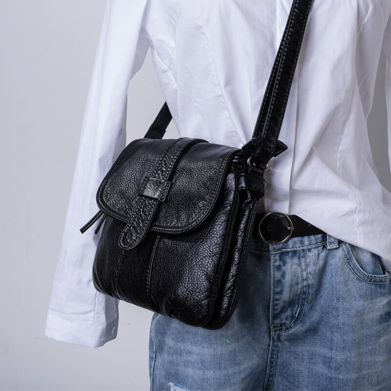 Zachte leren schoudertas voor dames, cross-shouldertas voor dames, tas voor dames, zwarte tas voor dames