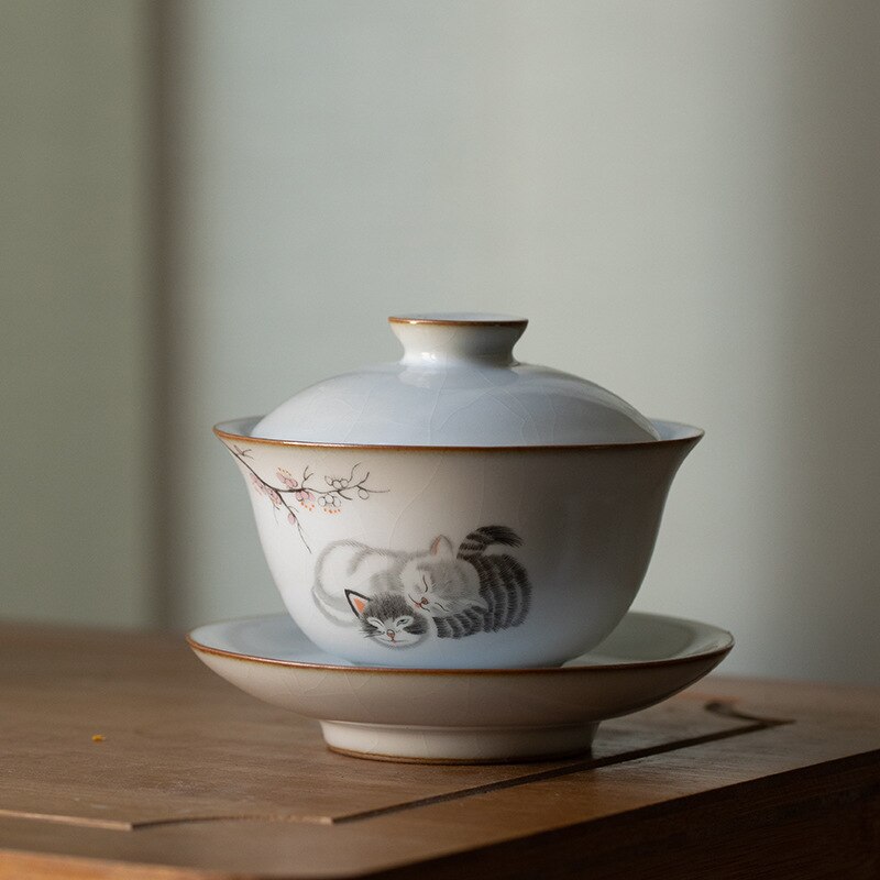 160ML Keramik Gaiwan Nette Katze Porzellan Terrine Chinesische Alte Glasur Jingdezhen Teaset Teekanne Schüssel für vielfältige Tee Porzellan