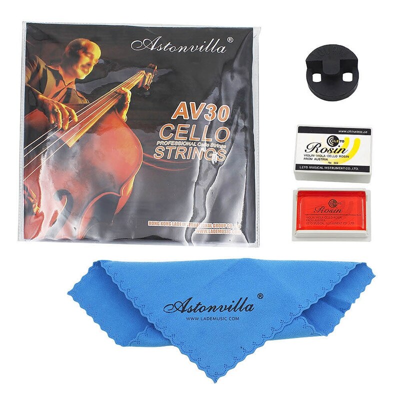 Astonvilla 4Pcs Cello Repair Kits Cello Strings + Cleaning Cloth + Rosin + Mute Guitar Musical Accessories