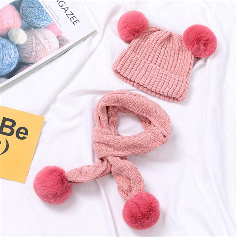 Enfants hiver chapeau et écharpe enfant côtelé tricoté chapeau 2 pièces ensemble bébé filles garçons oreille Protection casquette Pom Pom foulards 0-3T: Rose