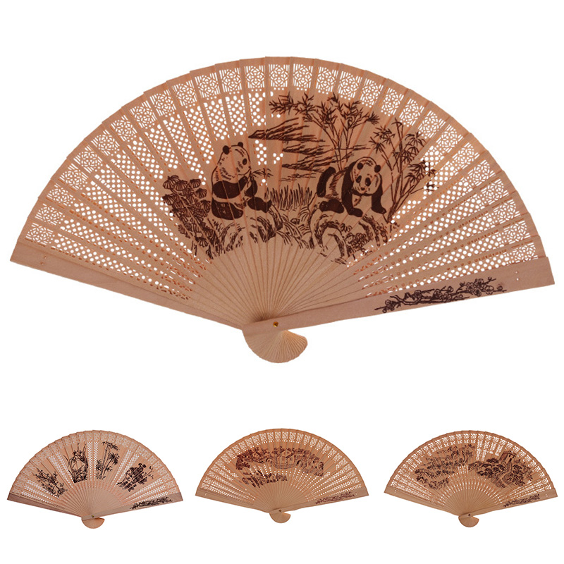 Chinese Folding Fan Incense Wood Hand-cranked Fan Sandalwood Hollow Hand-held Fan Wood Carving Printing Decorative Craft Fan