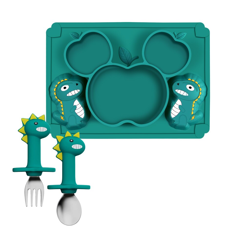 Silicone Baby Zuignap Plaat Slabbetjes Voeden Set Servies Bestek Kinderen Rvs Lepel En Vork Doseren Gerechten Din: Green 3pcs B