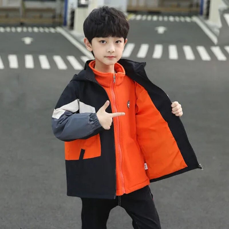 Lente Herfst Polyester Jas Voor Jongens 2022 Mode Afneembare 2 Stuk Outdoor Patchwork Casual Hooded Kinderkleding: Orange / 3T