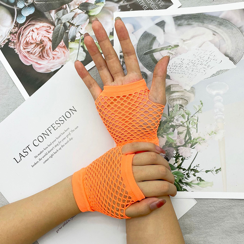 Guantes de rejilla para mujer, manoplas cortas de medio dedo, Multicolor, sexys, elásticos, de malla hueca, Punk, sin dedos, K72: Orange