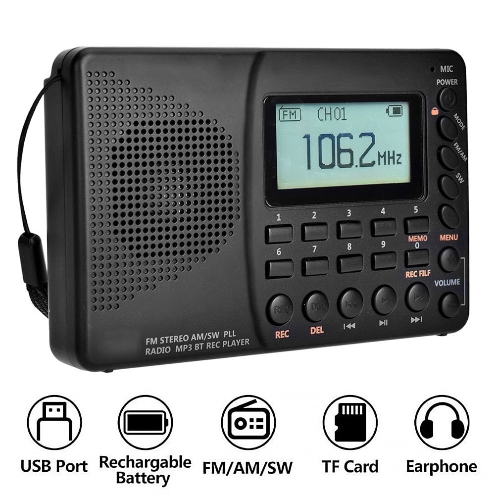 K -603 fuldbånds radio bluetooth fm am sw bærbare lommeradioer  mp3 digital rec recorder understøtter micro sd tf kort sleep timer