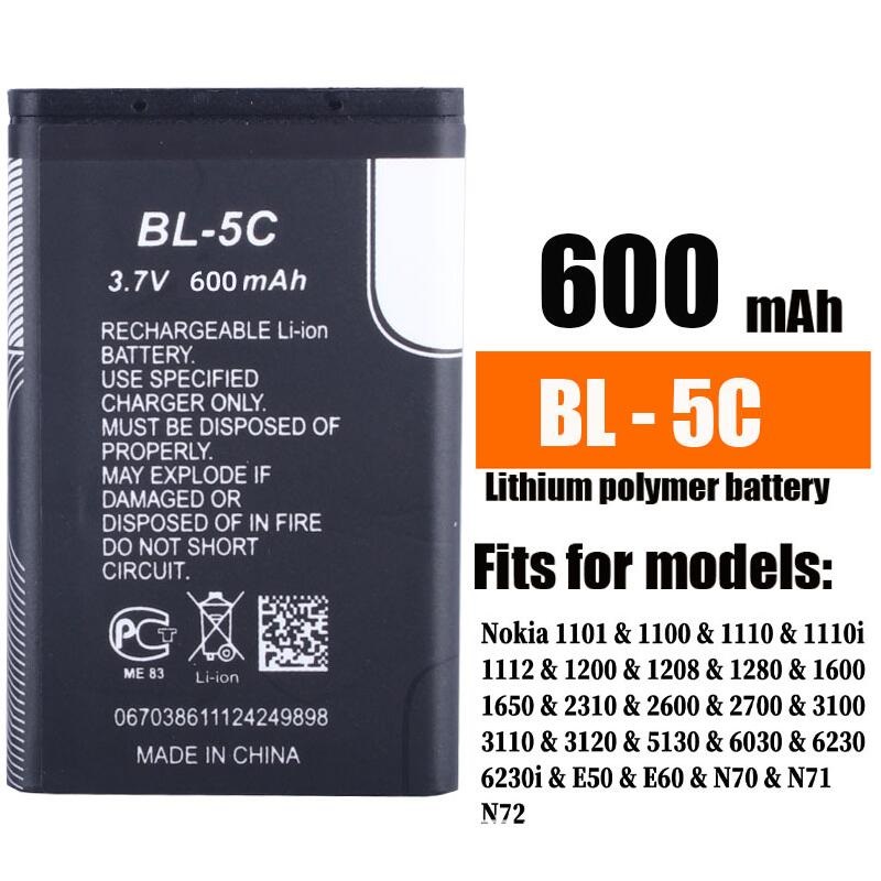 3.7V 600Mah Batterij BL-5C BL5C Bl 5C Oplaadbare Batterijen Voor Nokia 2112 2118 2255 2270 2280 2300 2600 2610 3125 3230 1Pcs