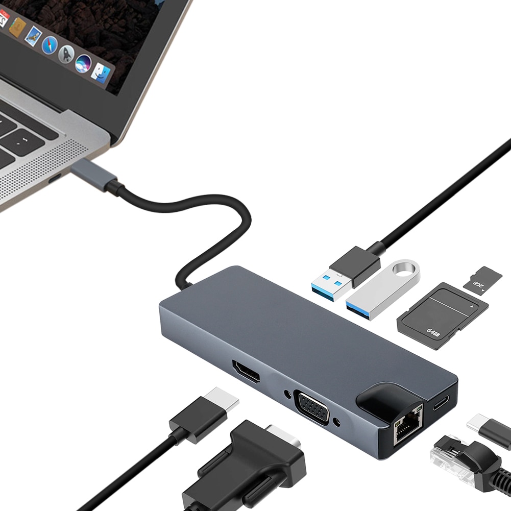 Hub tipo C con adaptador USB tipo C a HDMI VGA RJ45 Lan Ethernet SD TF USB-C 3,0 tipo c PD cargador para MacBook Pro OTG