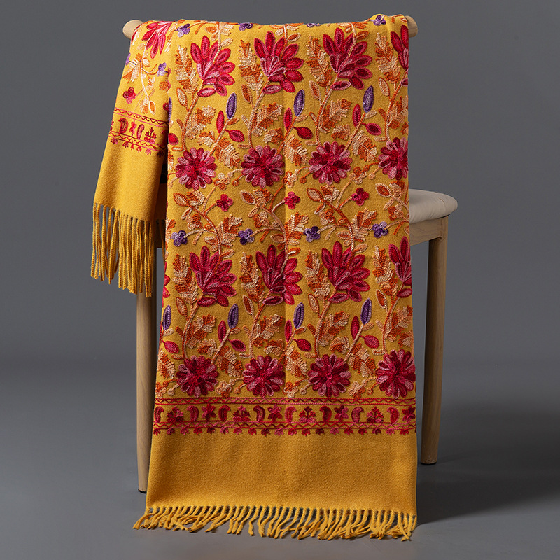 Bufanda de Cachemira con bordado Floral de lujo para mujer, chal cálido de invierno, Pashmina suave y grueso, Foulard, manta con borlas para mujer, bufandas: Oro