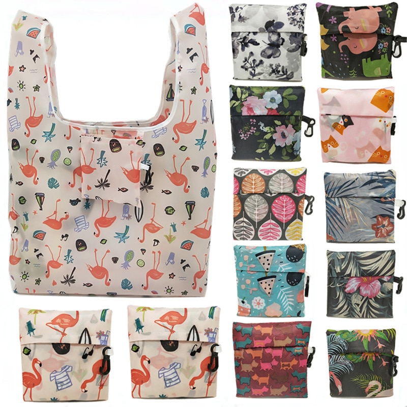 1PCS Flamingo Recycle Shopping Bag Eco Reusable Shopping Tote Bag Cartoon Floral Shoulder Folding Pouch Handbags Printing