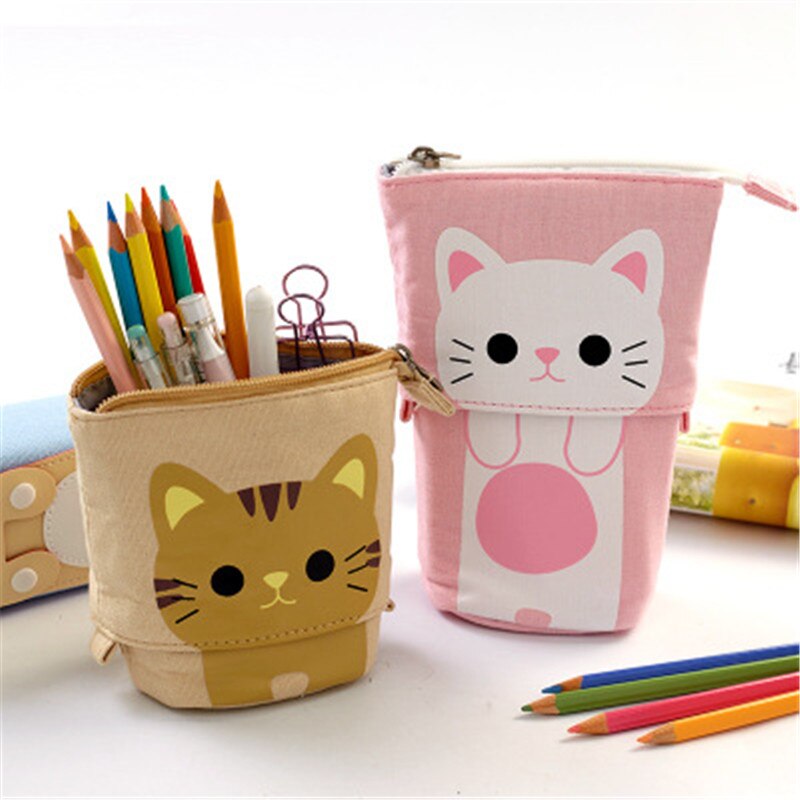 Cartoon kat telescopische etui tas opvouwbare staande houder kinderen etui canvas intrekbare studenten flexibele pennendoos