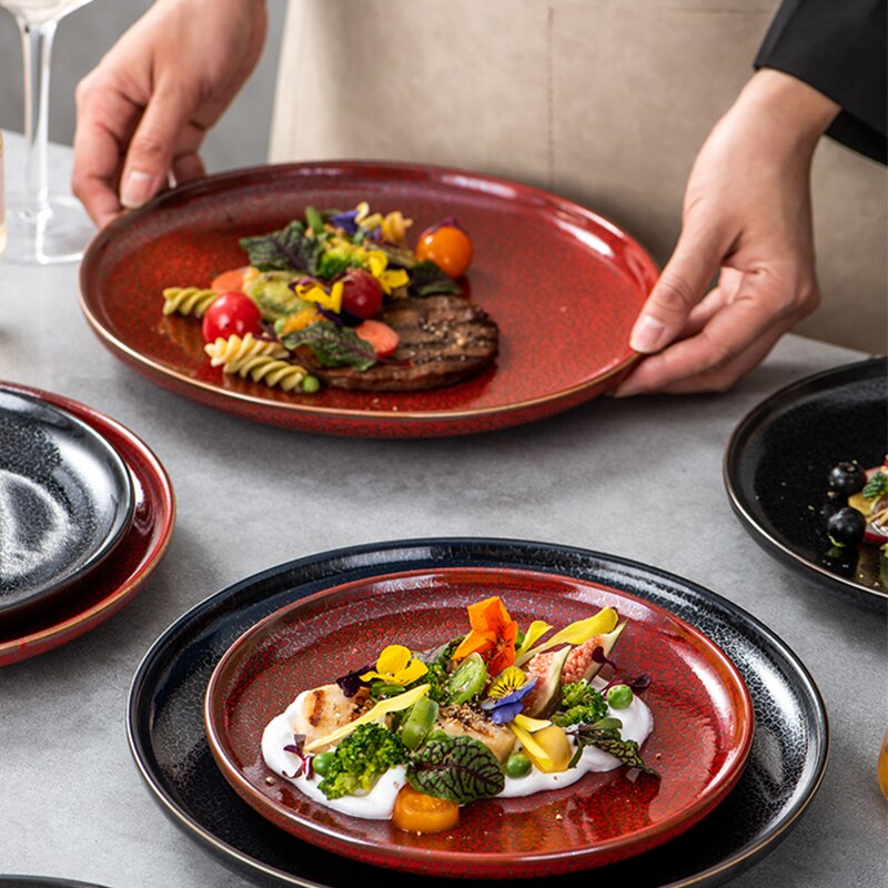 Red black ceramic plate set Kitchen restaurant party steak plate Dinner dish salad spaghetti Microwave trays can be used