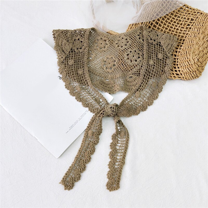 Women Neckerchief Triangle Scarf Lace Sheer Hollow Out Solid Color Bandana Hair Head Scarf Retro Lace Crochet Shawl Knit Scarf: Brown