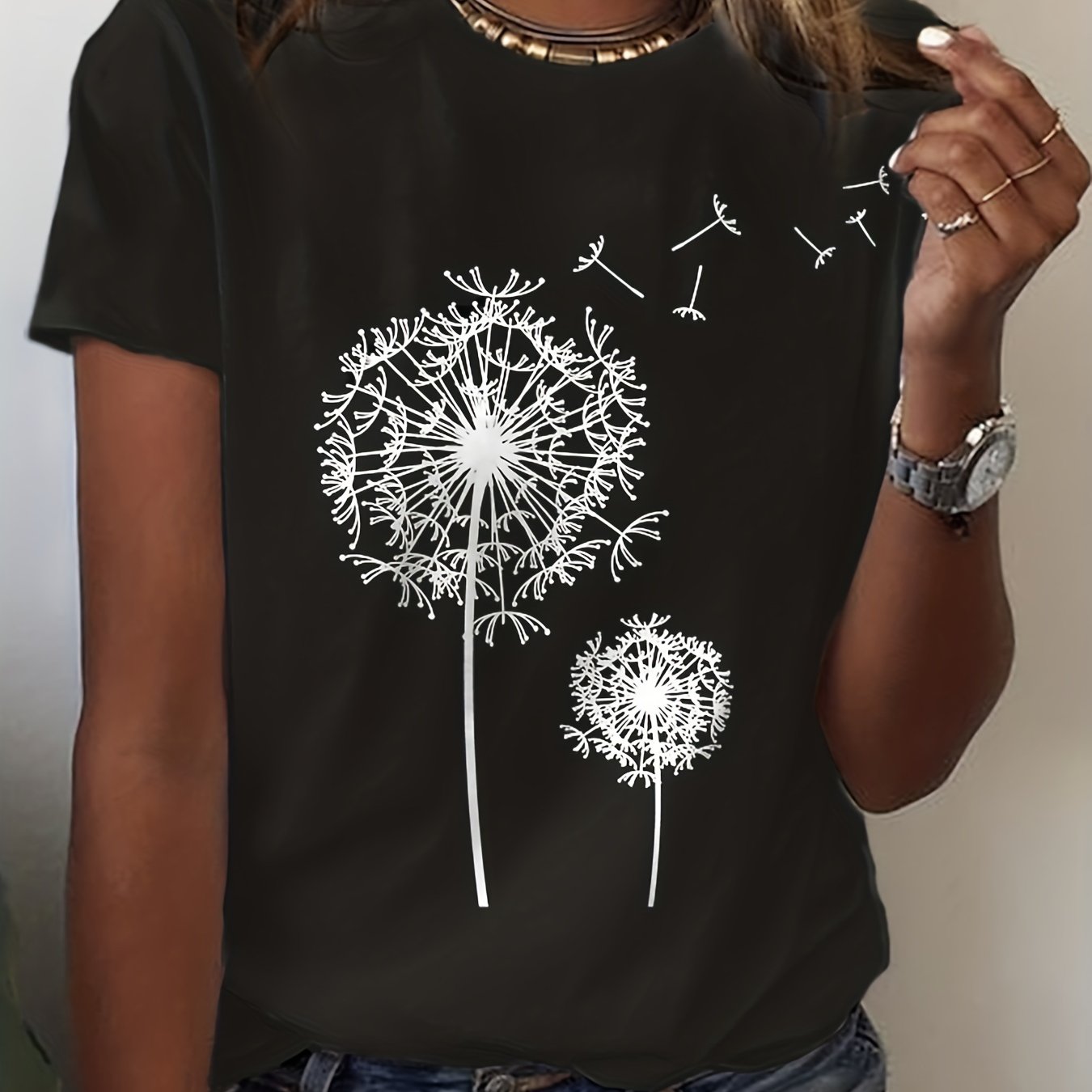 Dandelion Print Crew Neck T-Shirt, Casual Short Sleeve Top For Spring & Summer, Women's Clothing: S / black