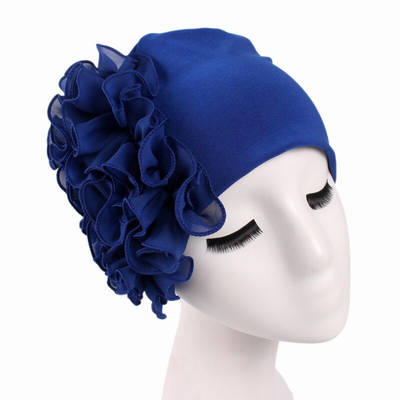 Frauen Muslimischen Rüschen Blume Turban Motorhaube Hütte Bandana Chemo Kappen wickeln Kopftuch: Blau