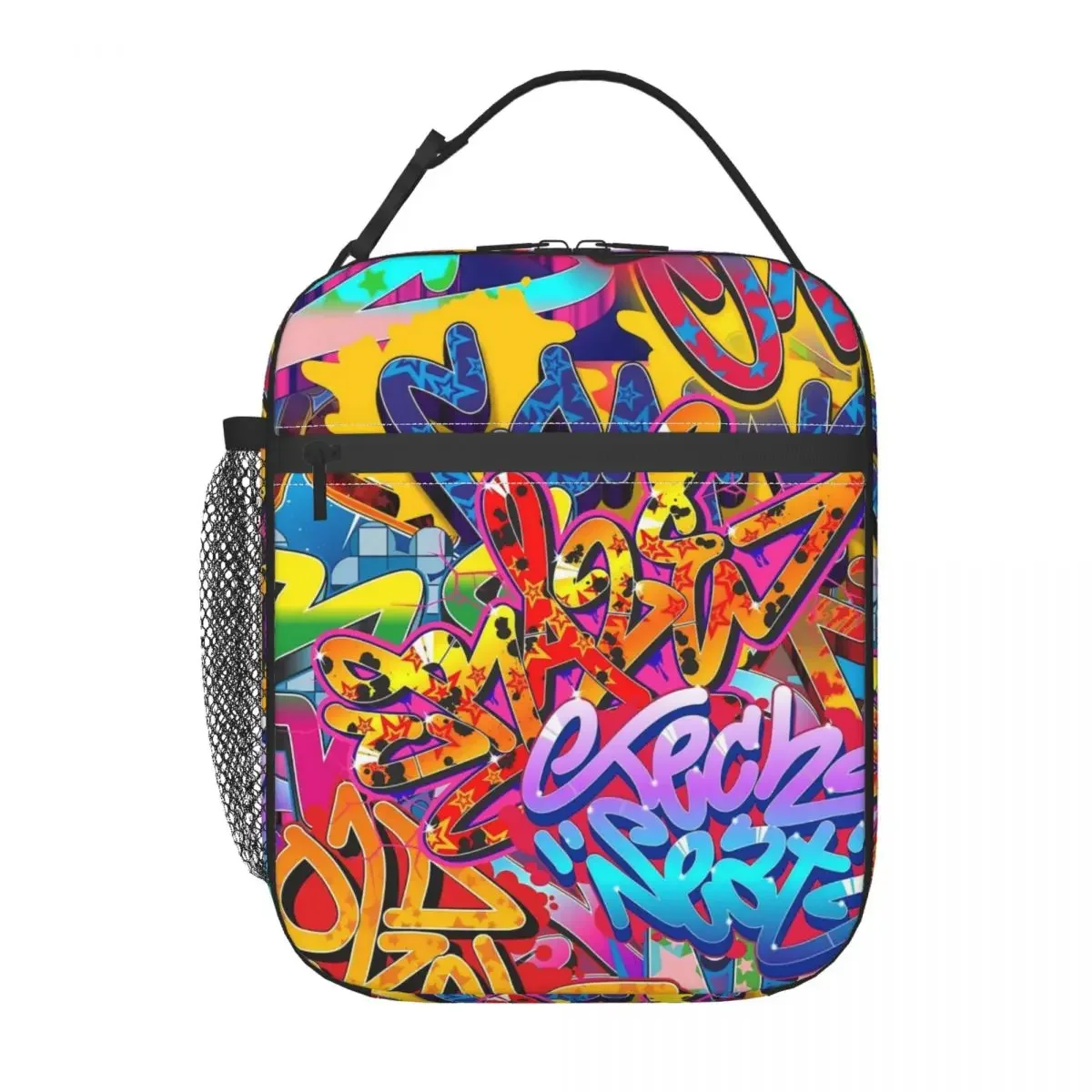 Lunch Bag Abstract Graffiti Convenient Lunch Box For Women Black And White Office Cooler Bag Oxford Thermal Lunch Bags: Ivory