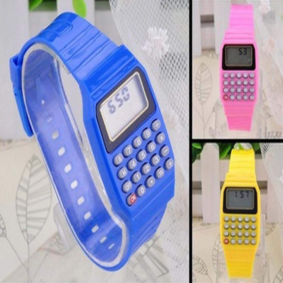 Siliconen Multifunctionele Elektronische Rekenmachine Horloge Kinderen Elektronische Horloge Sport Blauw/Geel/Roze