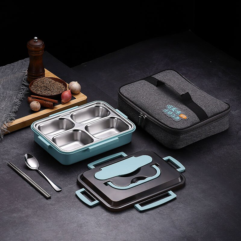 WORTHBUY Japanese Lunch Box For Kids 18/8 Stainless Steel Bento Box With Compartments Tableware Kitchen Food Storage Container: 4 Grid Blue And Bag