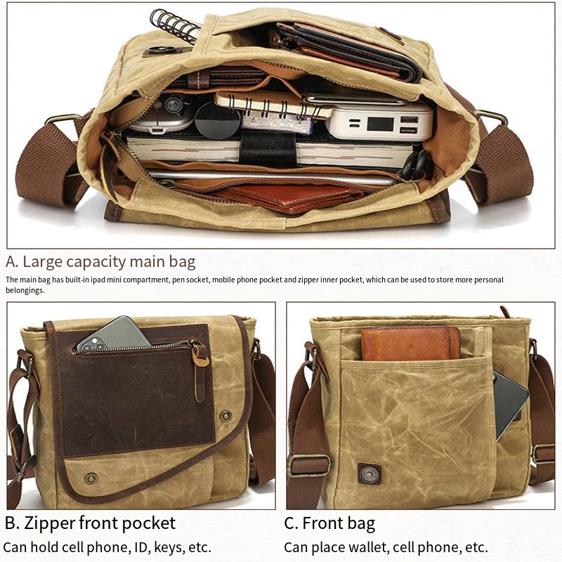 Casual vintage stijl crossbodytas, schoudertas voor heren, canvas, waterdicht, slijtvast, outdoor, reistas