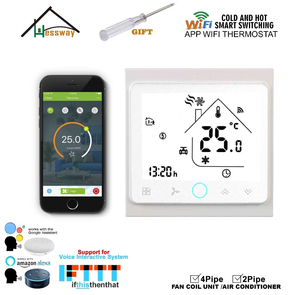 HESSWAY TUYA APP Smart Fan Coil WIFI Thermostat 24VAC for 4pipe 2Pipe Heat Cool Temp
