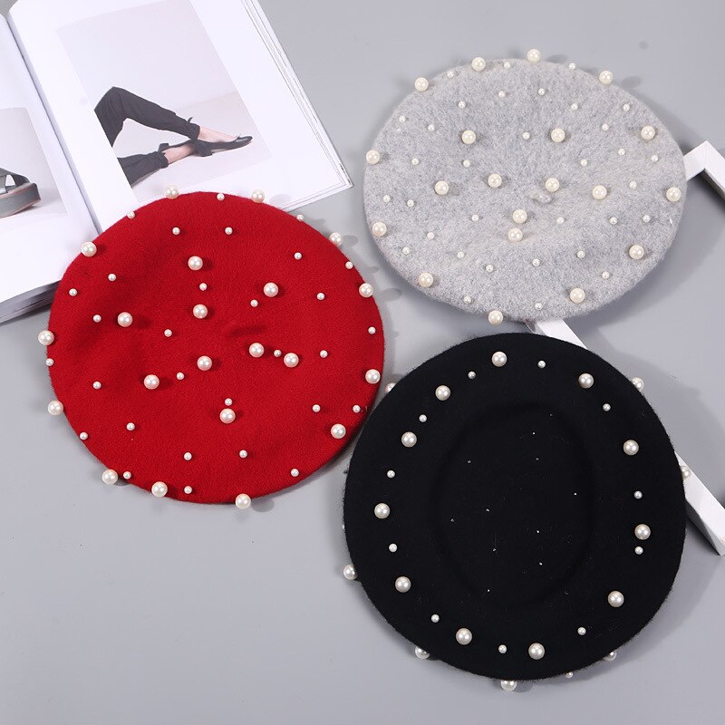 Wool Women Winter berets Luxury pearl rivet Vintage Cashmere Female Warm Vogue beret Hats Girls Flat cap beret for women