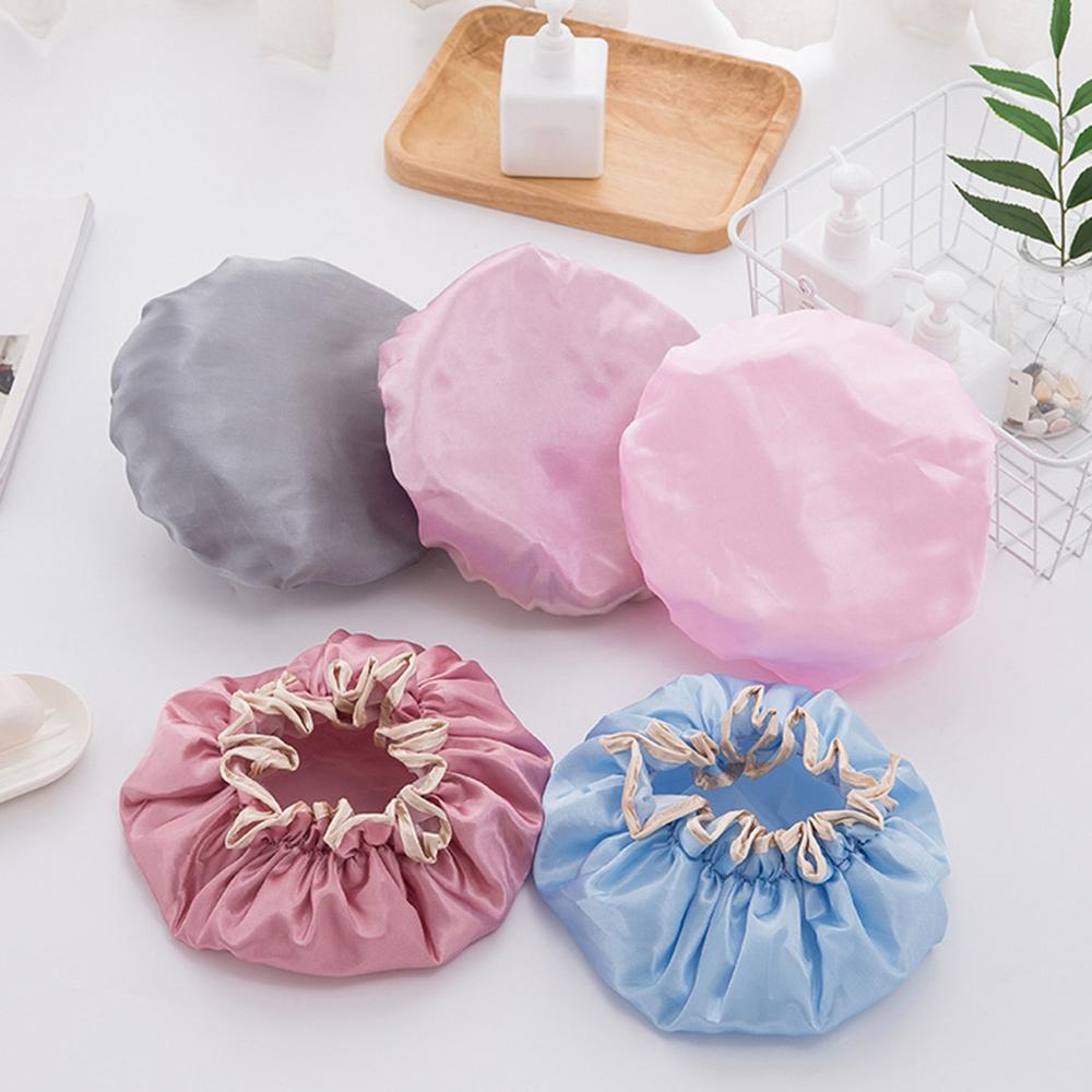 Women Double Waterproof Shower Satin Bathing Cap Hats Silk Reusable Hair Cover SWWQ