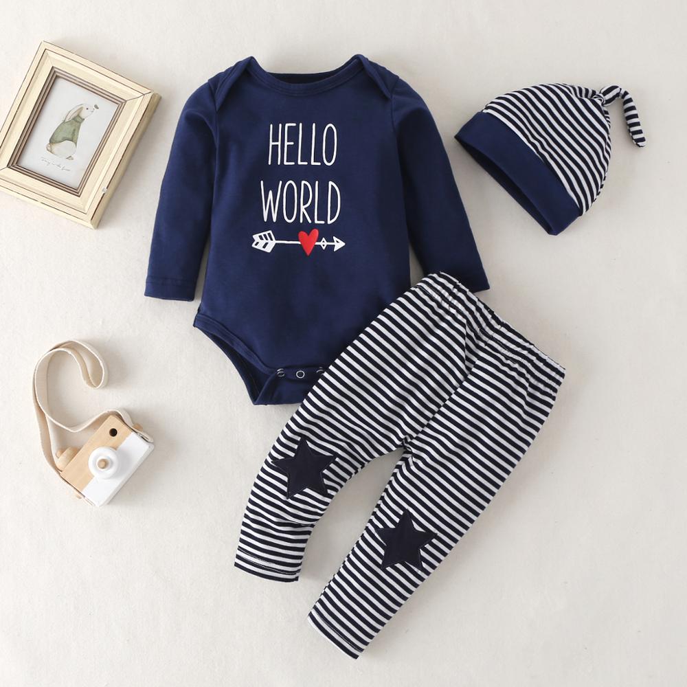 Baby boy kläder 3- delar baby hello world print bodysuit och randiga byxor med hatt baby kläder set: 3m