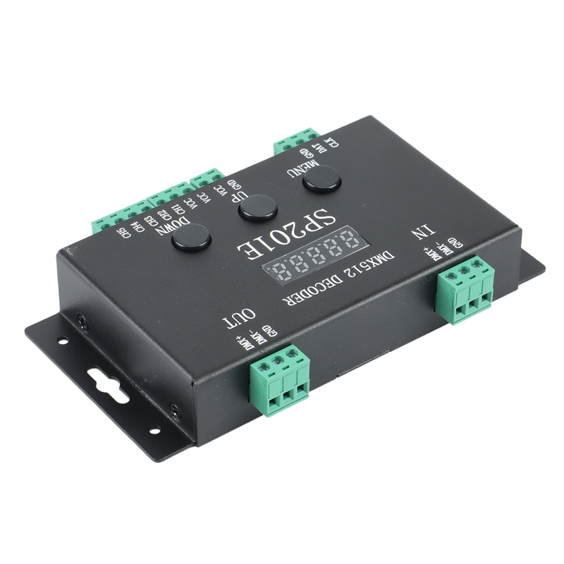Sp201e rgb-led-pixel-streifen-controller mit dmx- 512- decoder, unterstützt 3072 kanäle und ist mit einer vielzahl von ics kompatibel.