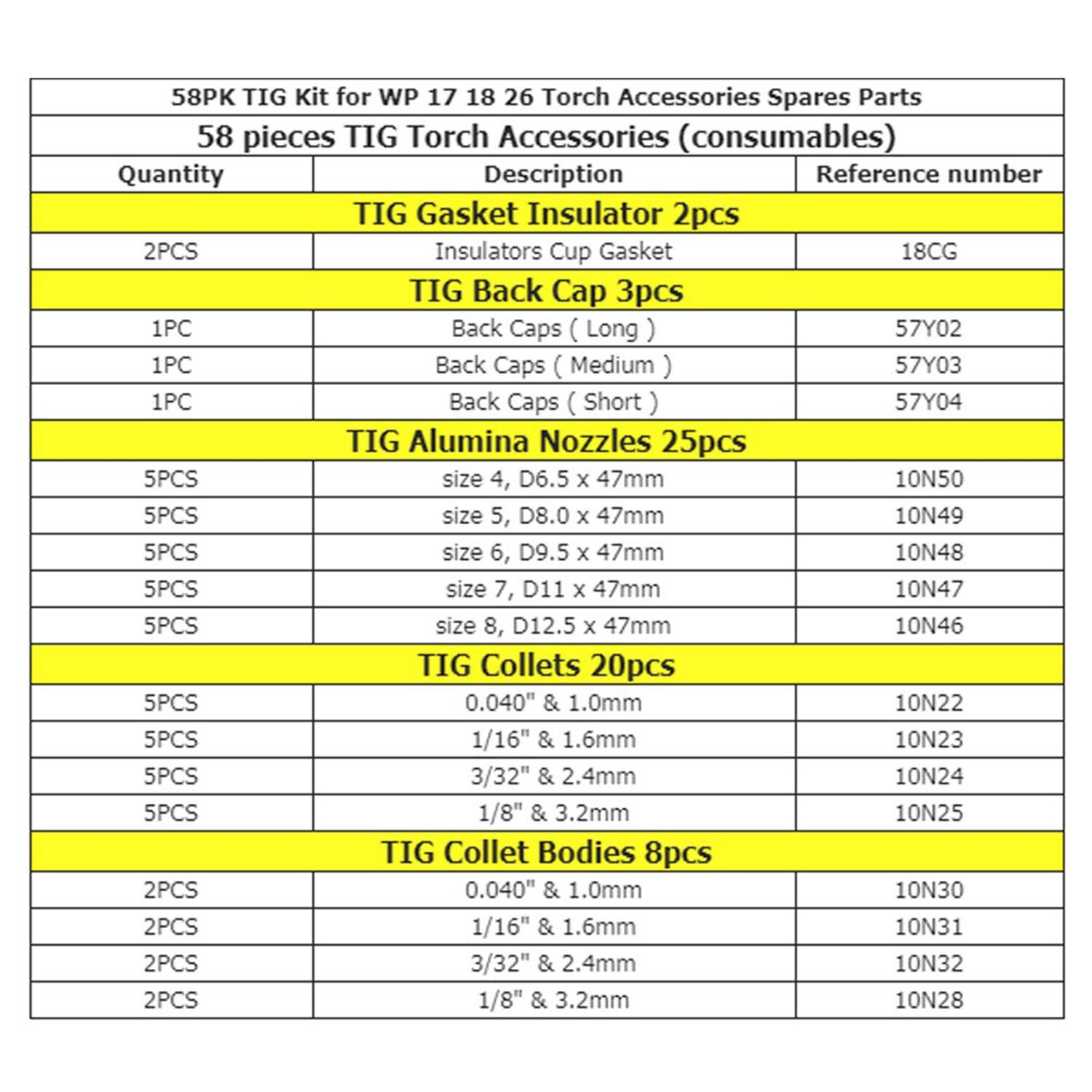 58Pcs Tig Welding Torches Gas Lens Kit Collet Body Alumina Nozzle Consumables Kit Fit Wp-17/18/26 Series Tig Welding Torch Acc