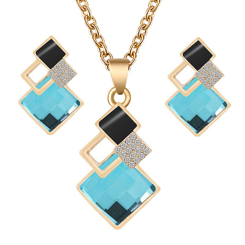 Conjunto de collar y pendientes con colgantes de cristal para mujer, conjunto de joyería nupcial, pendientes y collares de boda: Gold Light Blue