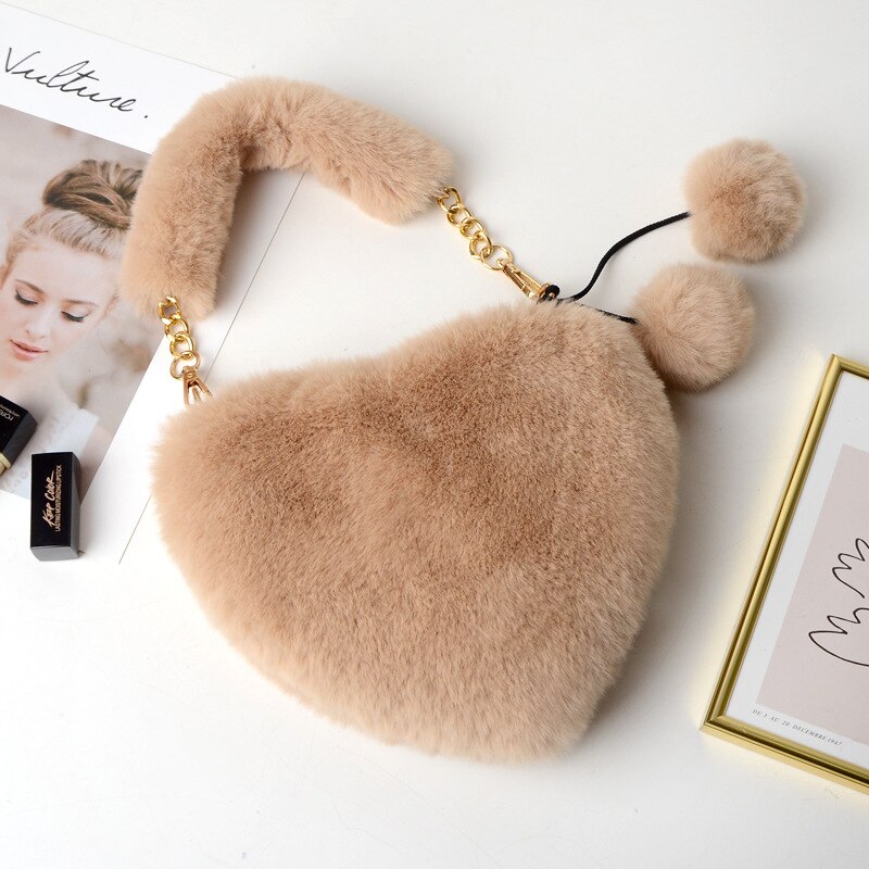 Pluche Hartvormige Winter Vrouwelijke Schattige Clutch Portemonnee Liefde Handtas Modeketen Pluche Tas Tas Voor Vrouw