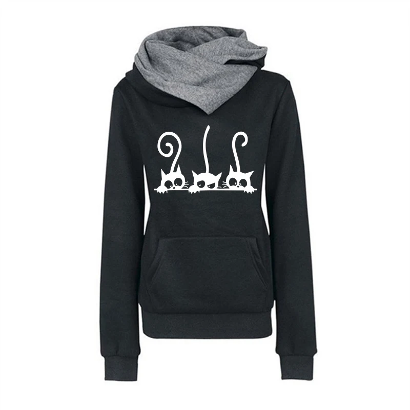 de las mujeres lindo gato sudaderas con capucha Otoño Invierno sudadera cálida de señoras diario Casual deportes jogging Top ropa: XL / Negro